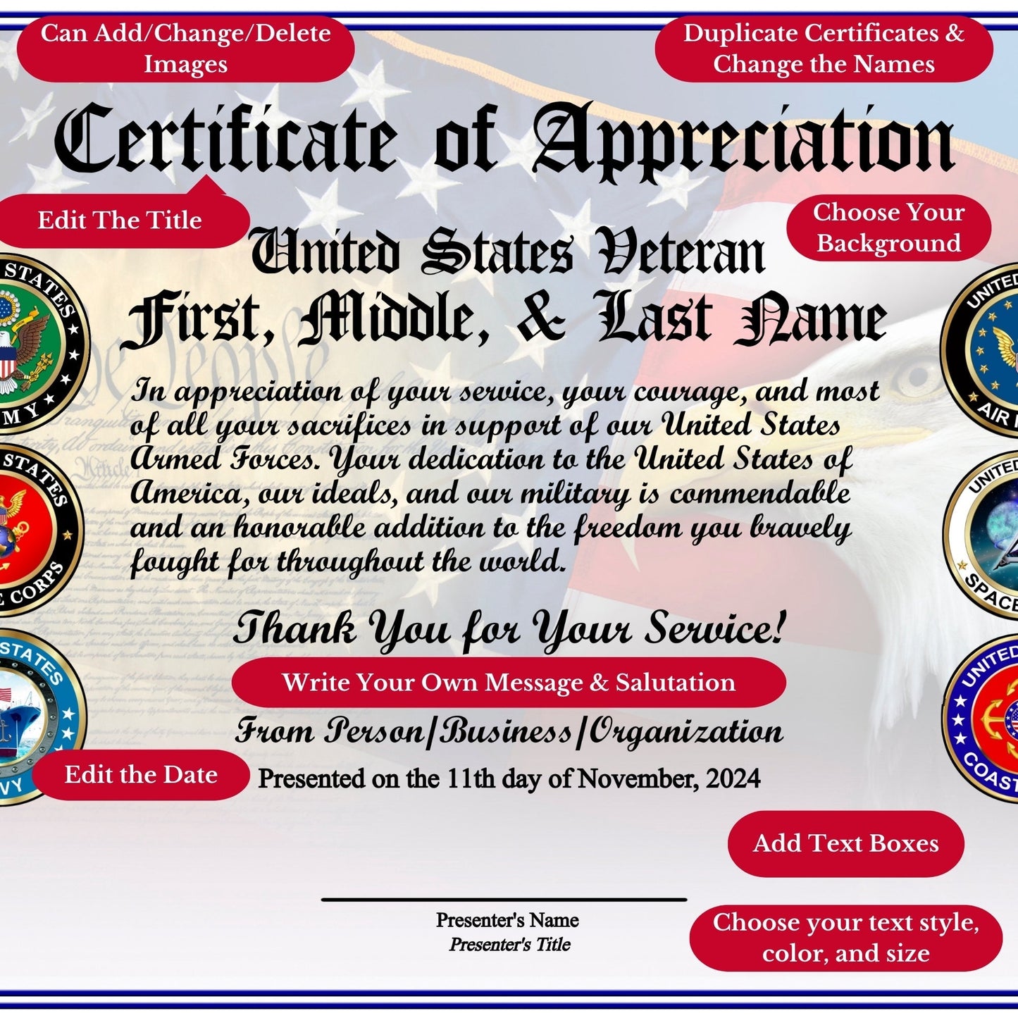 All Services Veteran Appreciation Certificates (40 Pack)