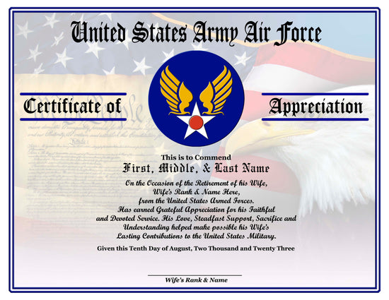 Army Air Force Appreciation Certificates at http://www.cjmcertificates.com