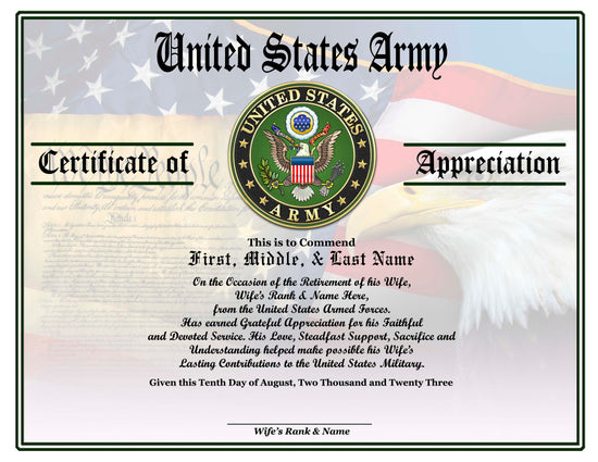 Army Husband Appreciation Certificates at http://www.cjmcertificates.com