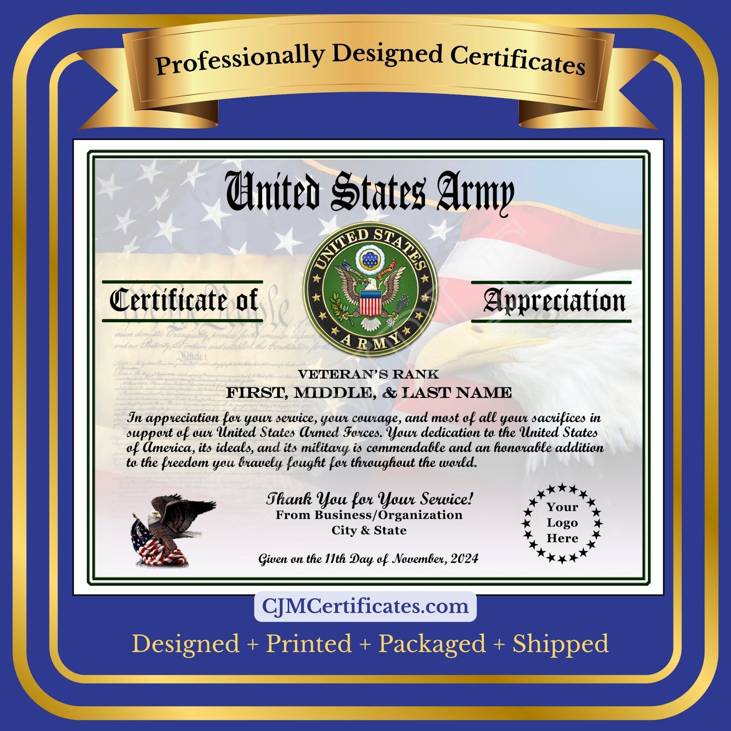 P11 Printed Veterans Day Certificates Pack