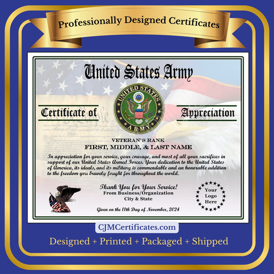 P11 Printed Veterans Day Certificates Pack