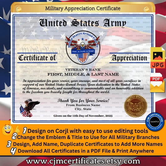 Custom Veteran Certificates of Appreciation: Edit & Download 016