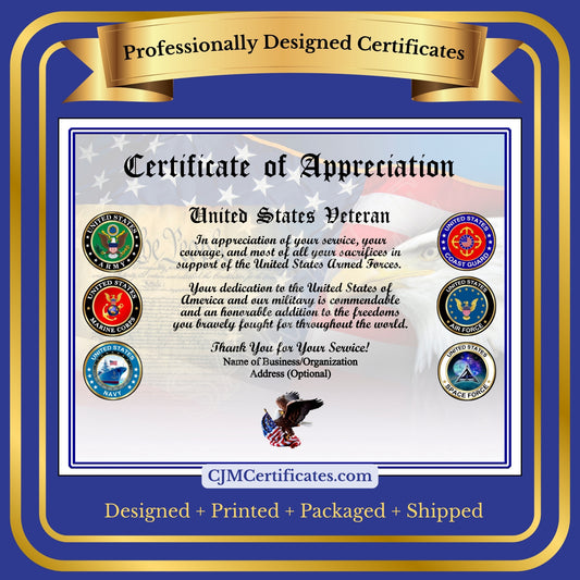 Business Veteran Appreciation Certificates with Title