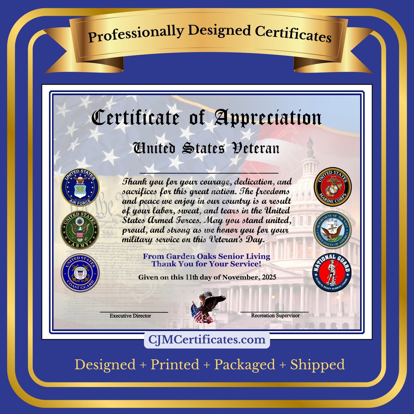 Business Veteran Appreciation Certificates with Line D1