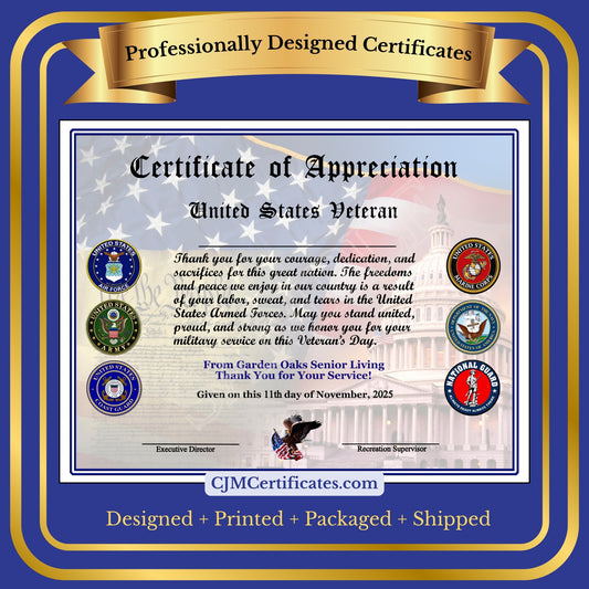 Business Veteran Appreciation Certificates with Line D1