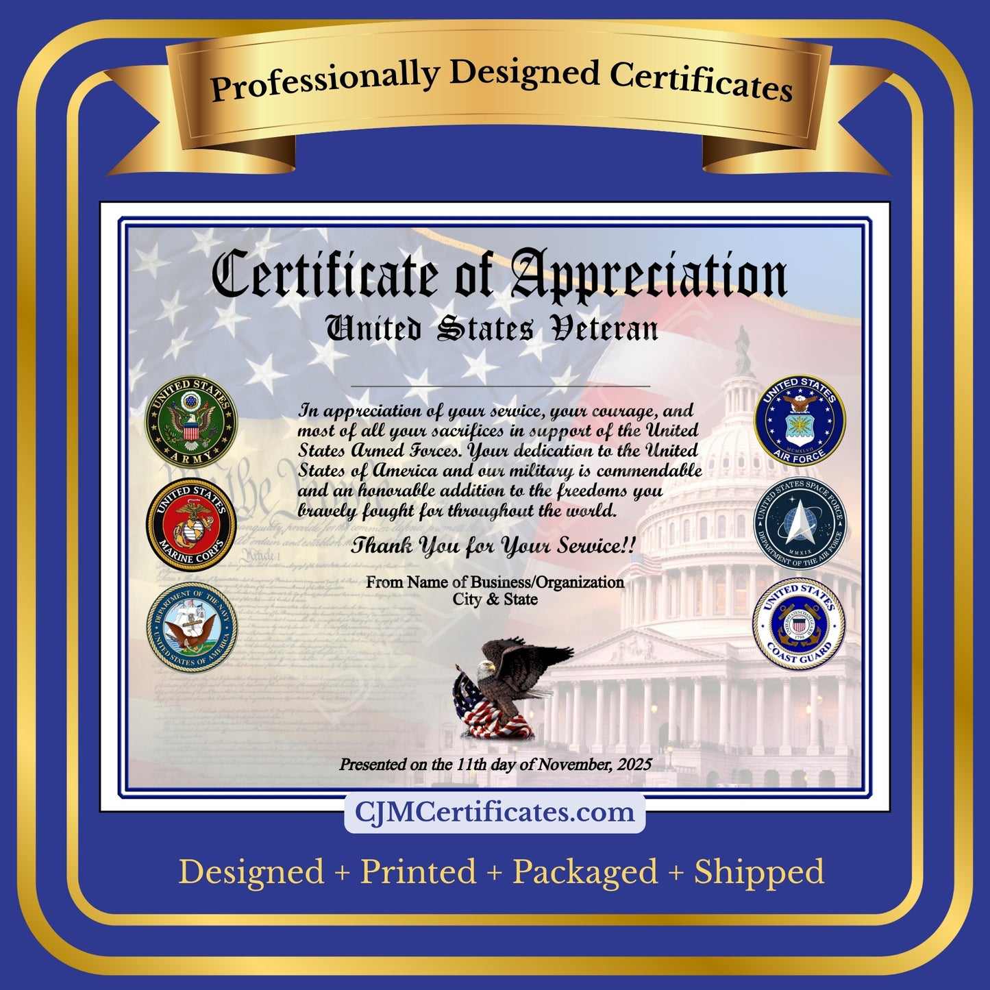 Business Veteran Appreciation Certificates with Line D2