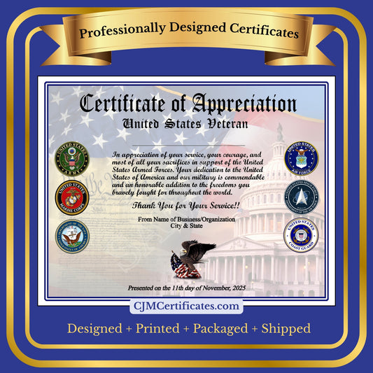 Business Veteran Appreciation Certificates with Line D2