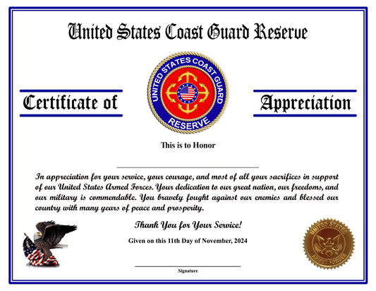 CG Reserve Veteran Appreciation Certificates