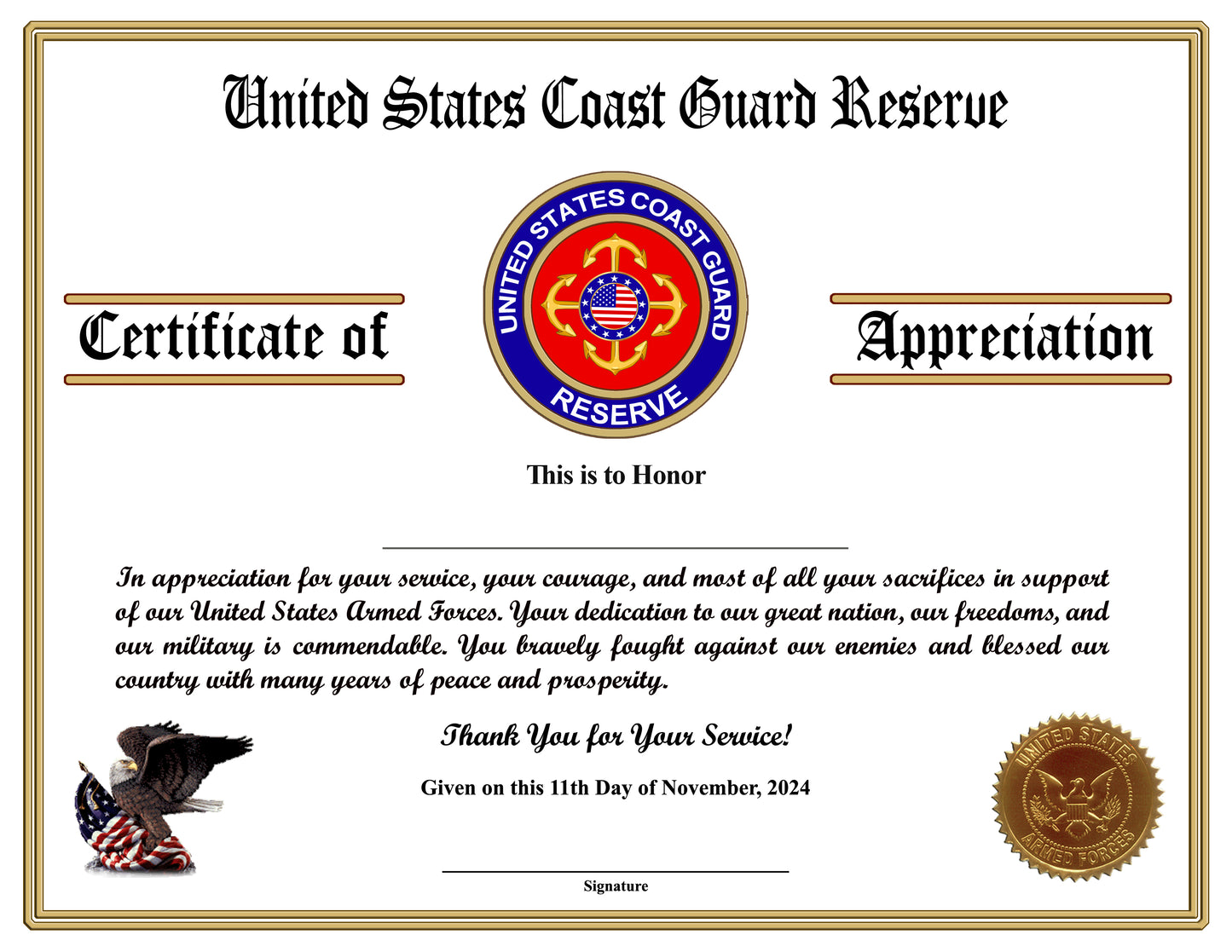 CG Reserve Veteran Appreciation Certificates