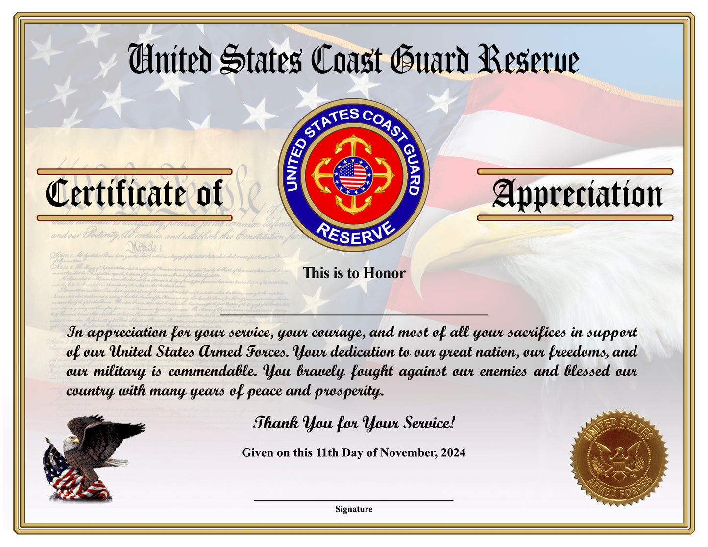 CG Reserve Veteran Appreciation Certificates