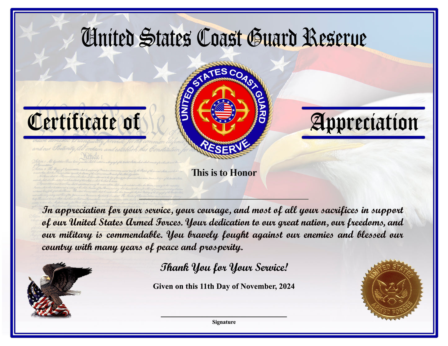 CG Reserve Veteran Appreciation Certificates