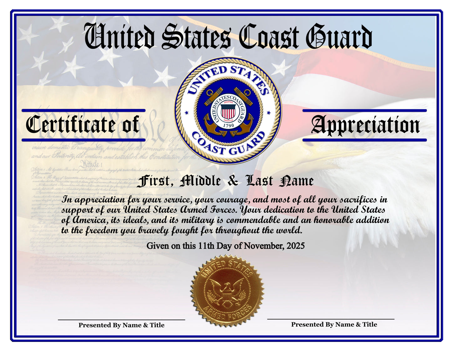 P13 Printed Veterans Day Certificates Pack