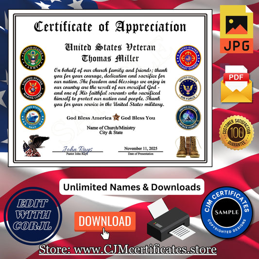 Custom Church Veteran Appreciation Certificates for Veterans Day: Edit & Download 051