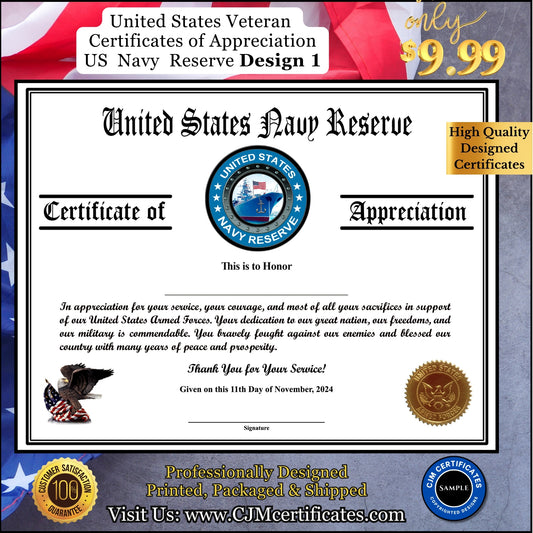 Navy Reserve Veteran Appreciation Certificates