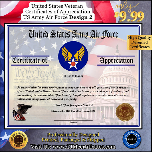 Army AF Veteran Certificates of Appreciation