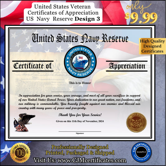 Navy Reserve Veteran Appreciation Certificates