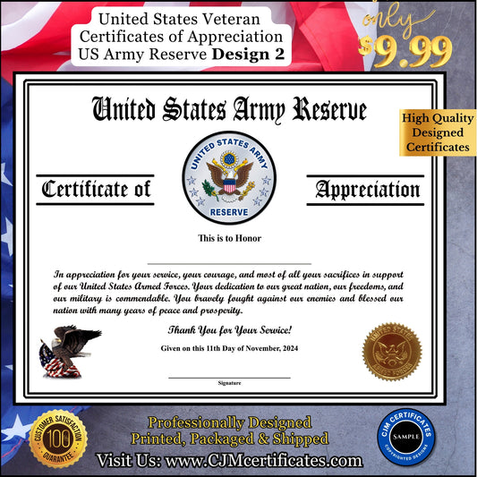 Army Reserve Veteran Appreciation Certificates