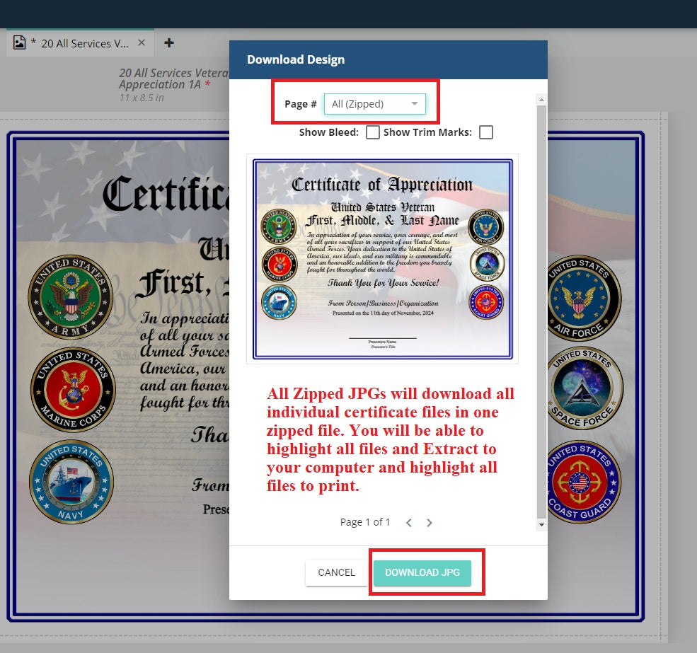 Military Certificate of Appreciation Download Instructions