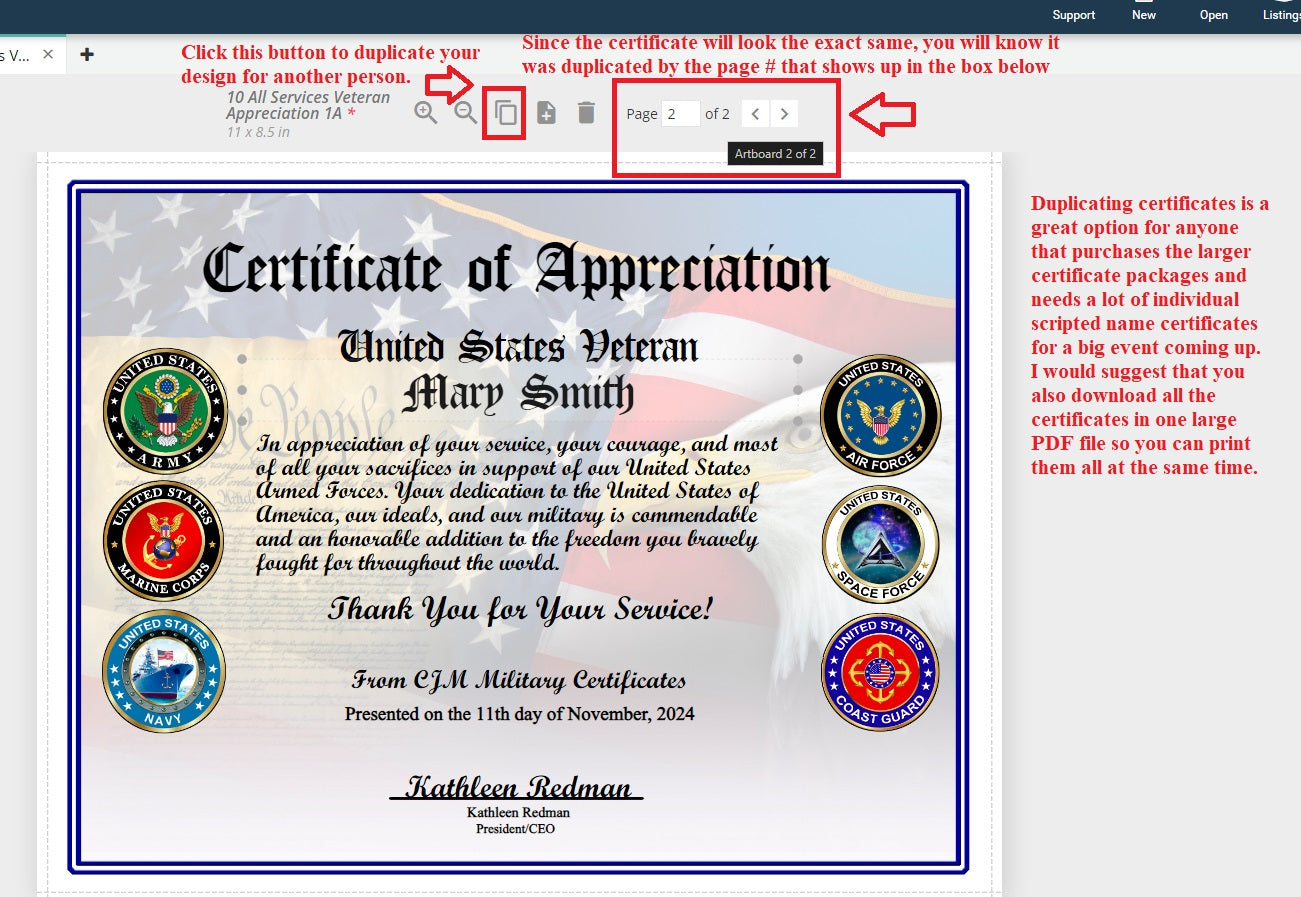 Duplicate Your Certificate Design and then Add Different Names to Honor Many Veterans