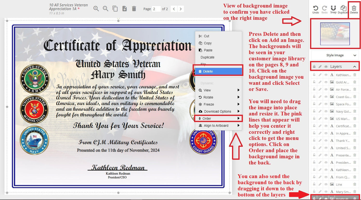 Personalized Military Certificate Changes - Delete Background Instructions