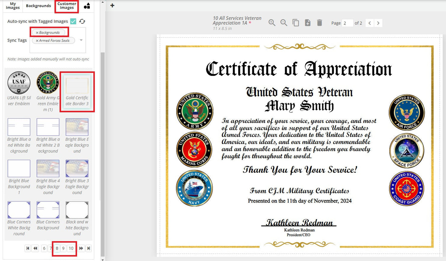 Veteran Memorial Certificates D2-10 Certificates Pack