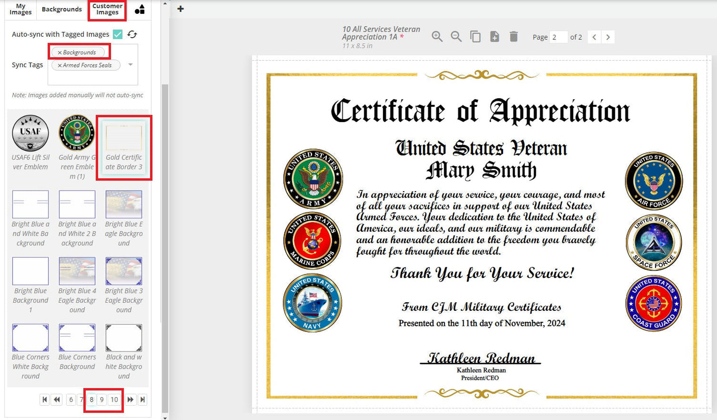 Personalized Military Certificate of Appreciation Background Options Instructions