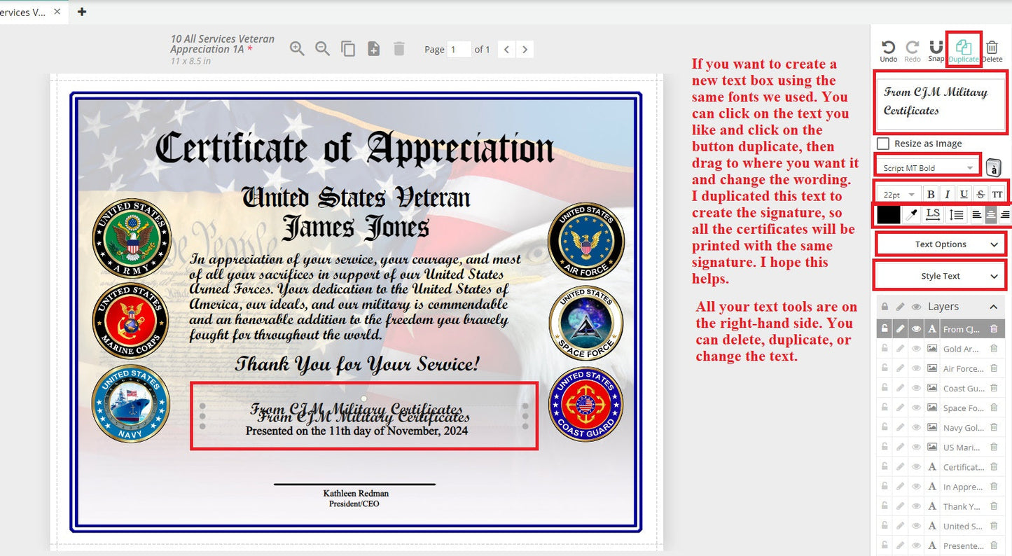 How to Duplicate Text When Designing Your Military Certificate