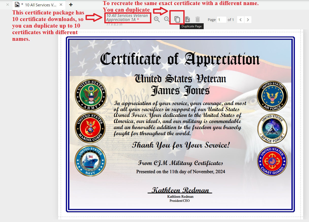 Duplicate your Personalized Military Certificate of Appreciation