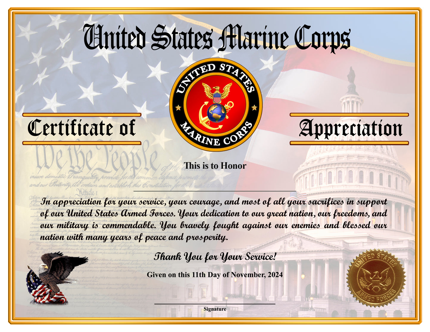 Marine Corps Veteran Appreciation Certificates