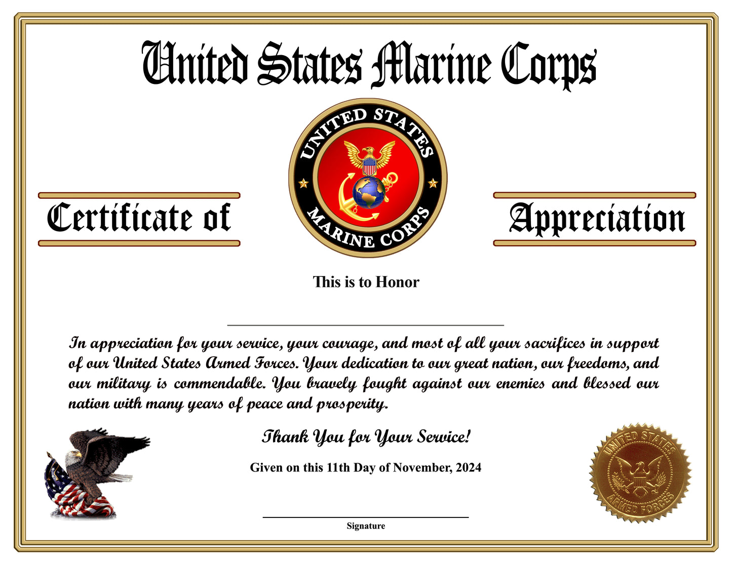 Marine Corps Veteran Appreciation Certificates