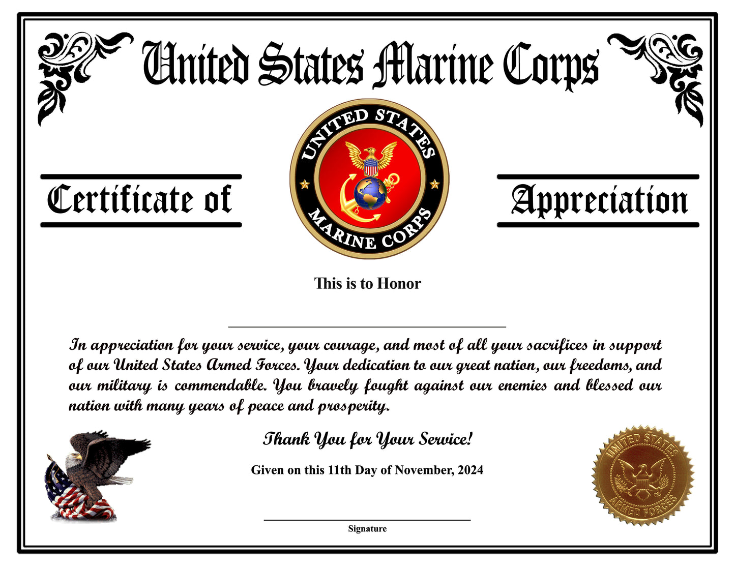 Marine Corps Veteran Appreciation Certificates