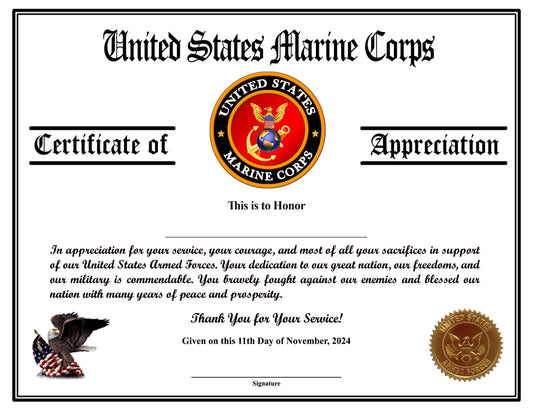 Marine Corps Veteran Appreciation Certificates