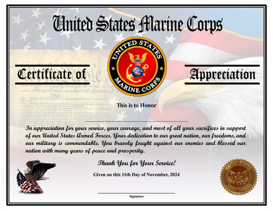 Marine Corps Veteran Appreciation Certificates