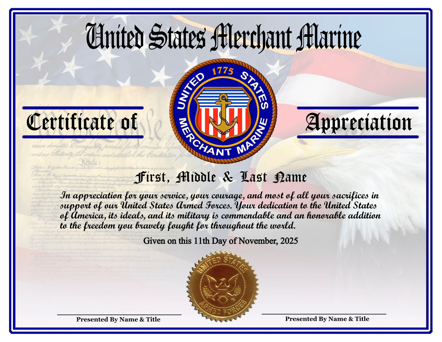 P13 Printed Veterans Day Certificates Pack