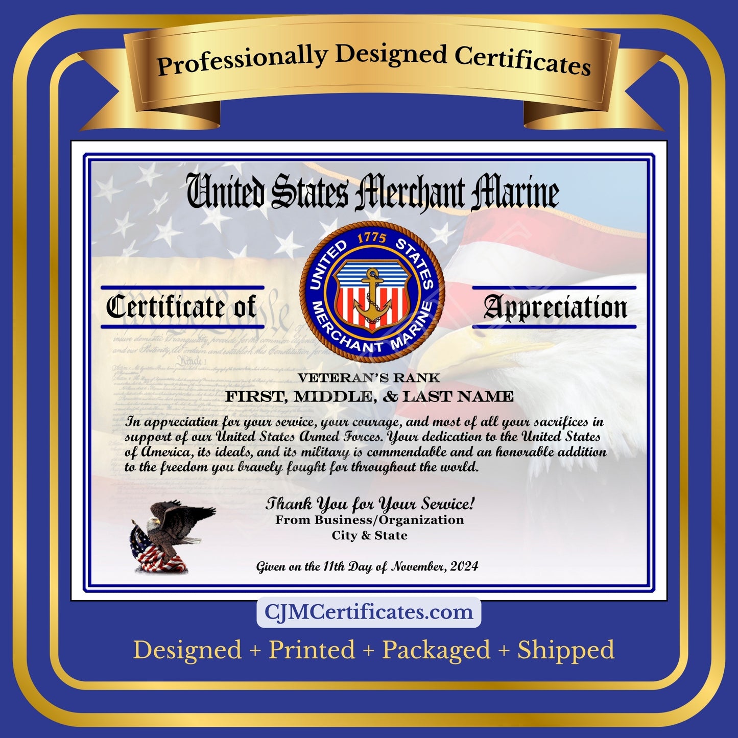 P11 Printed Veterans Day Certificates Pack