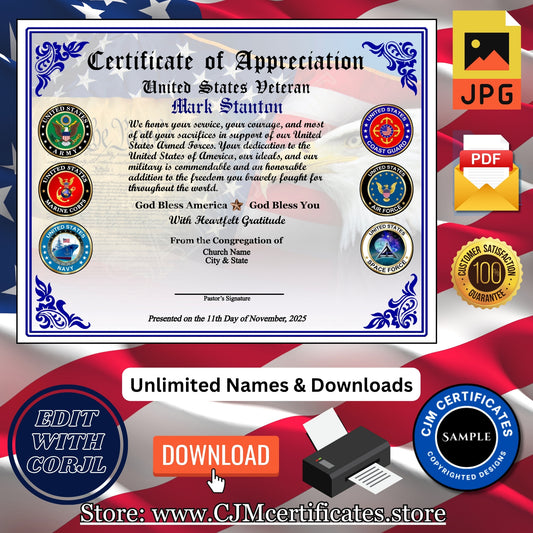Custom Ministry Veteran Certificates for Veterans Day Gifts: Edit & Download 050