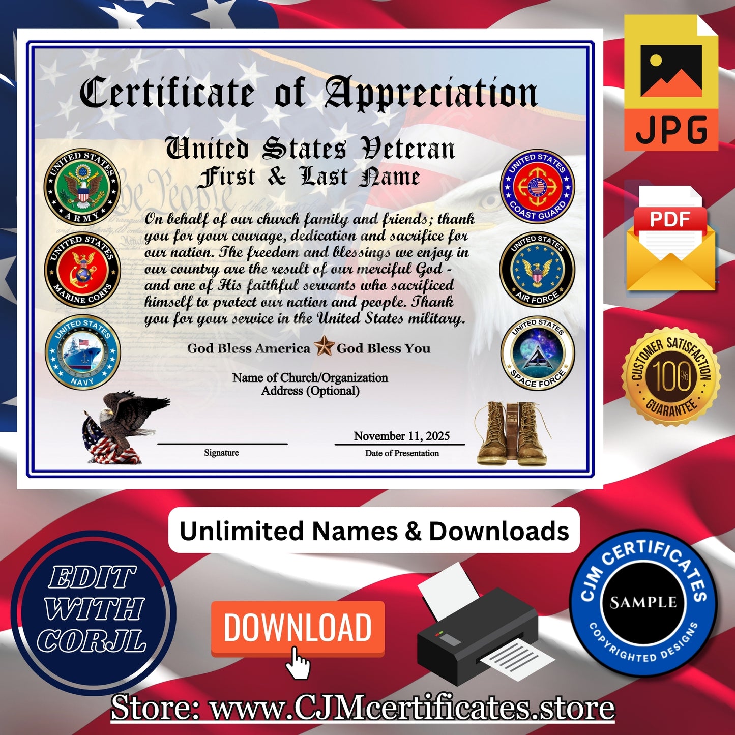 100+ Ministry Veteran Certificates of Appreciation: Veterans Day Gift, All Branches, Unlimited Names, Self-Design (PDF/JPG) 034