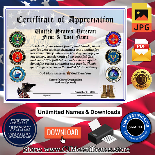 100+ Ministry Veteran Certificates of Appreciation: Veterans Day Gift, All Branches, Unlimited Names, Self-Design (PDF/JPG) 034