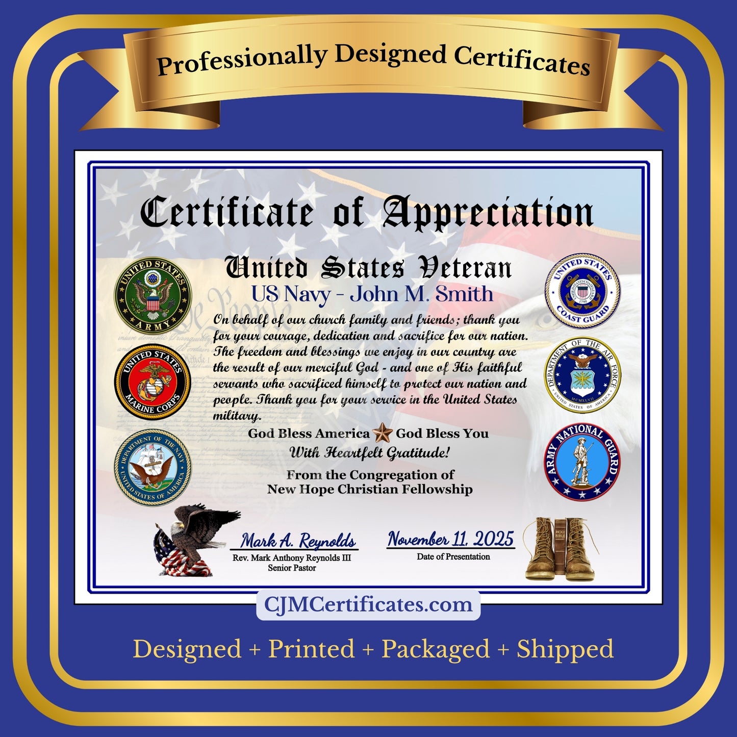 Ministry Veteran Appreciation Certificates D1