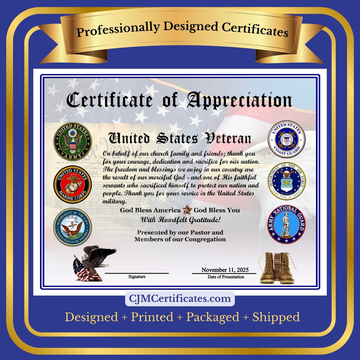 Ministry Veterans Day Certificates with Title