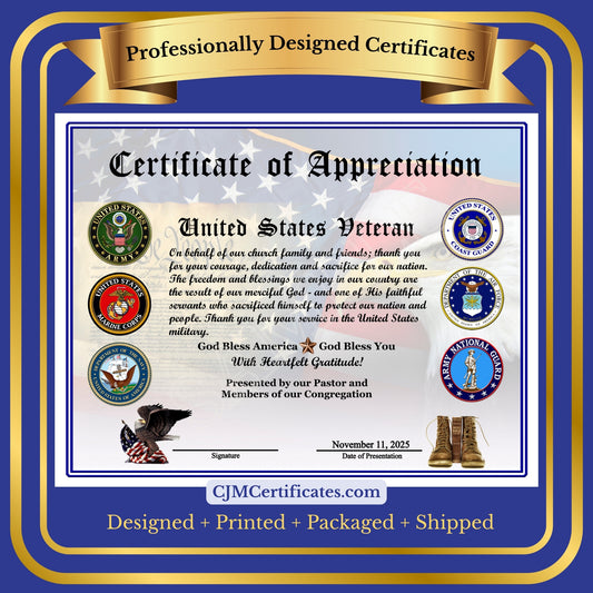 Ministry Veterans Day Certificates with Title