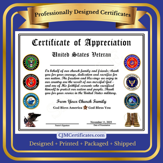 Ministry Veteran Appreciation Certificates with Line D2