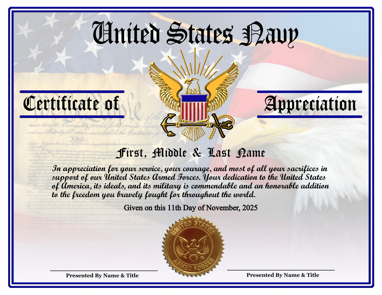 P13 Printed Veterans Day Certificates Pack