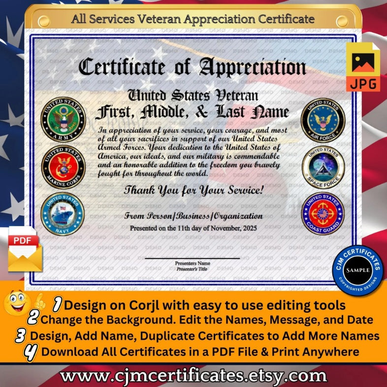 Custom Veteran Certificates for Veterans Day Gifts: Edit & Download 001