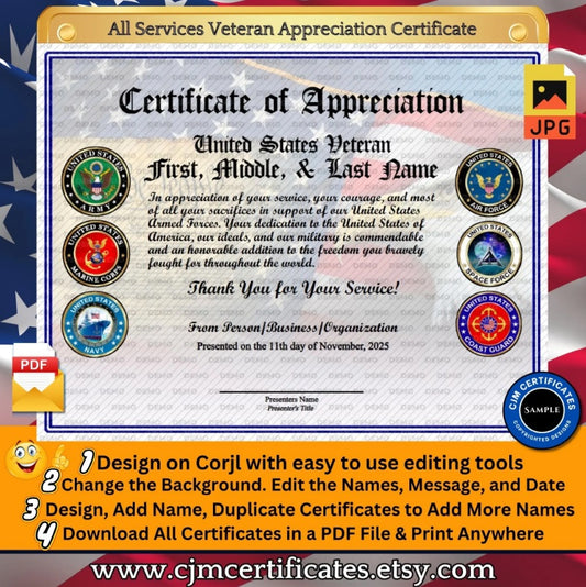Custom Veteran Certificates for Veterans Day Gifts: Edit & Download 001