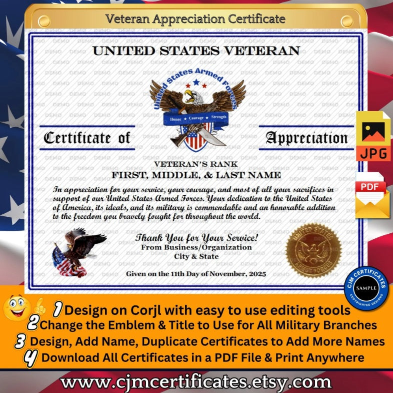 Custom Veteran Certificates for Businesses: Edit & Download 014