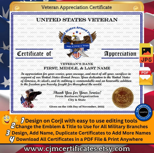 Custom Veteran Certificates for Businesses: Edit & Download 014