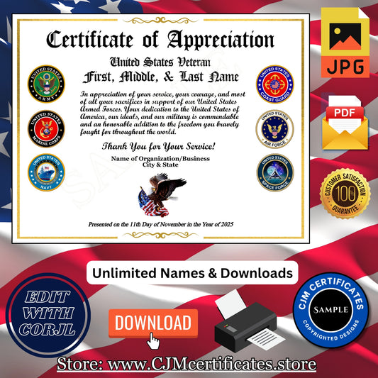 Custom Veteran Certificates for Organizations: Edit & Download 070