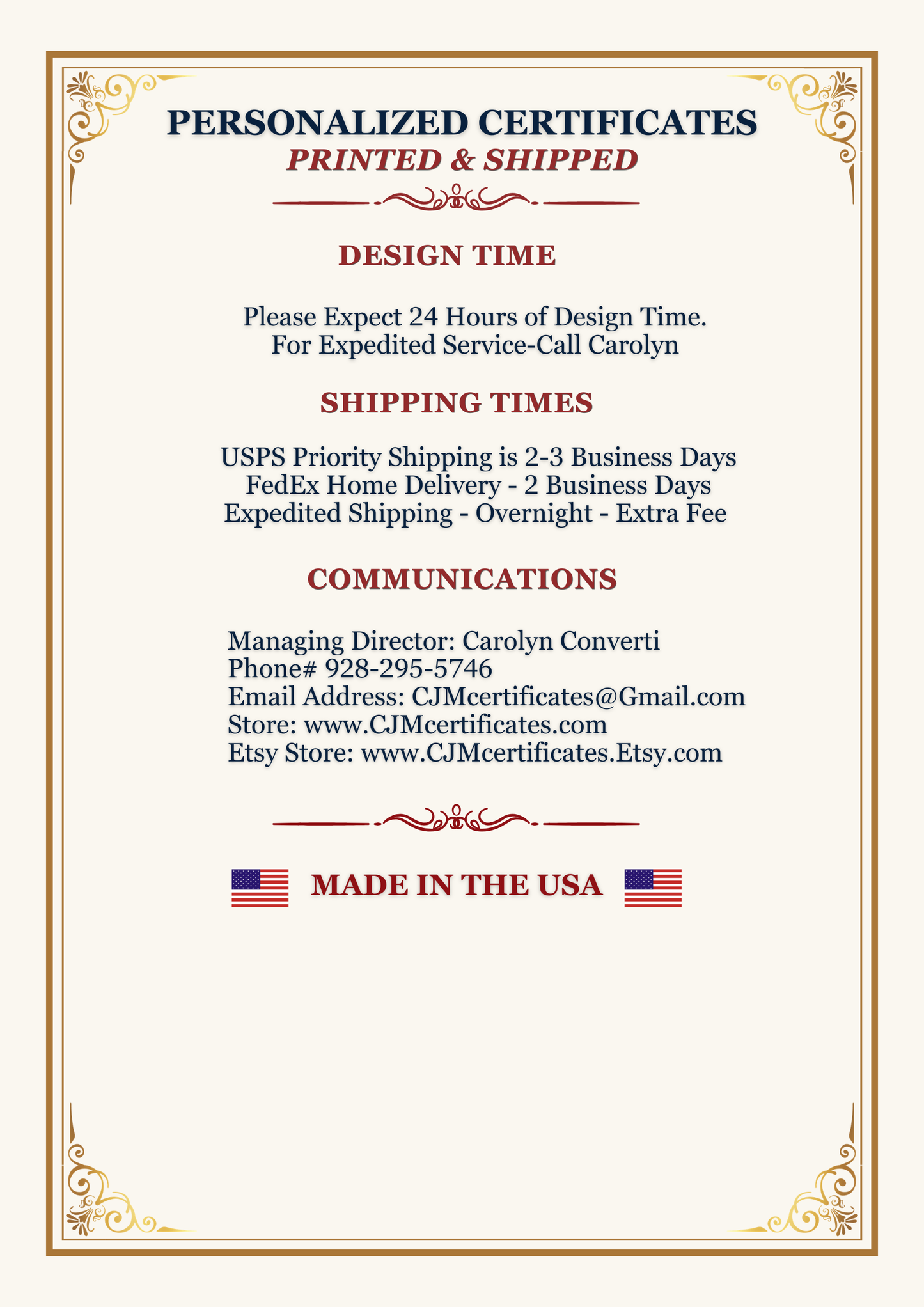 Memorial Day Veteran Certificates-Designed for You-Up to 10 Scripted Names-Fast Shipping