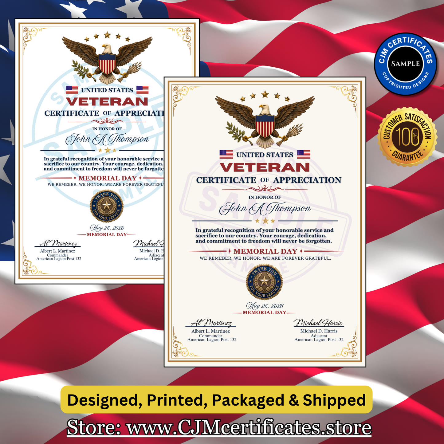 Memorial Day Veteran Certificates-Designed for You-Up to 10 Scripted Names-Fast Shipping